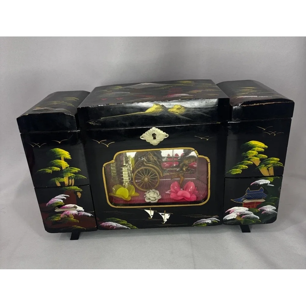 Vintage Japanese Black Lacquer Musical Jewelry Box- Window Diorama